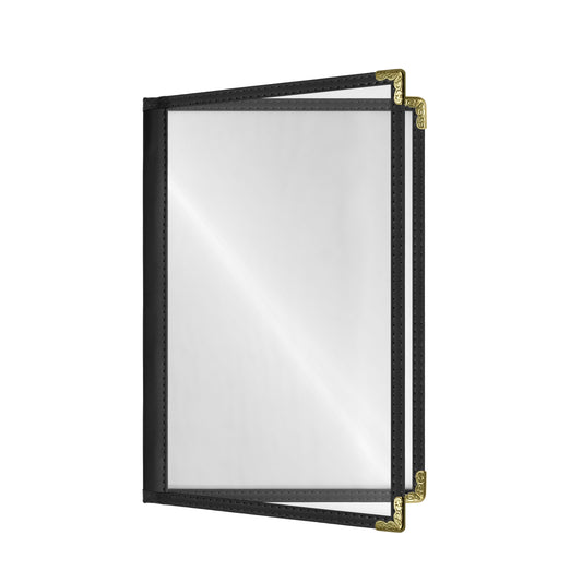 Café Style Menu Cover, 4 View,5.5" x 8.5",Black, Elegant black cover on a fine dining restaurant table