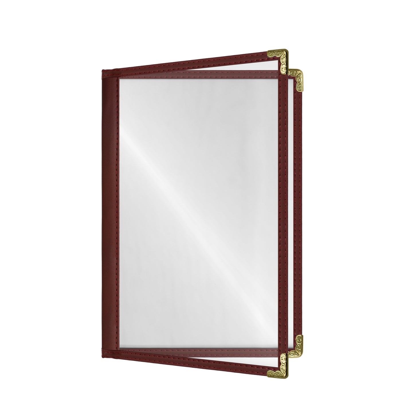 Café Style Menu Cover, 4 View,5.5" x 8.5",Burgundy, Elegant black cover on a fine dining restaurant table