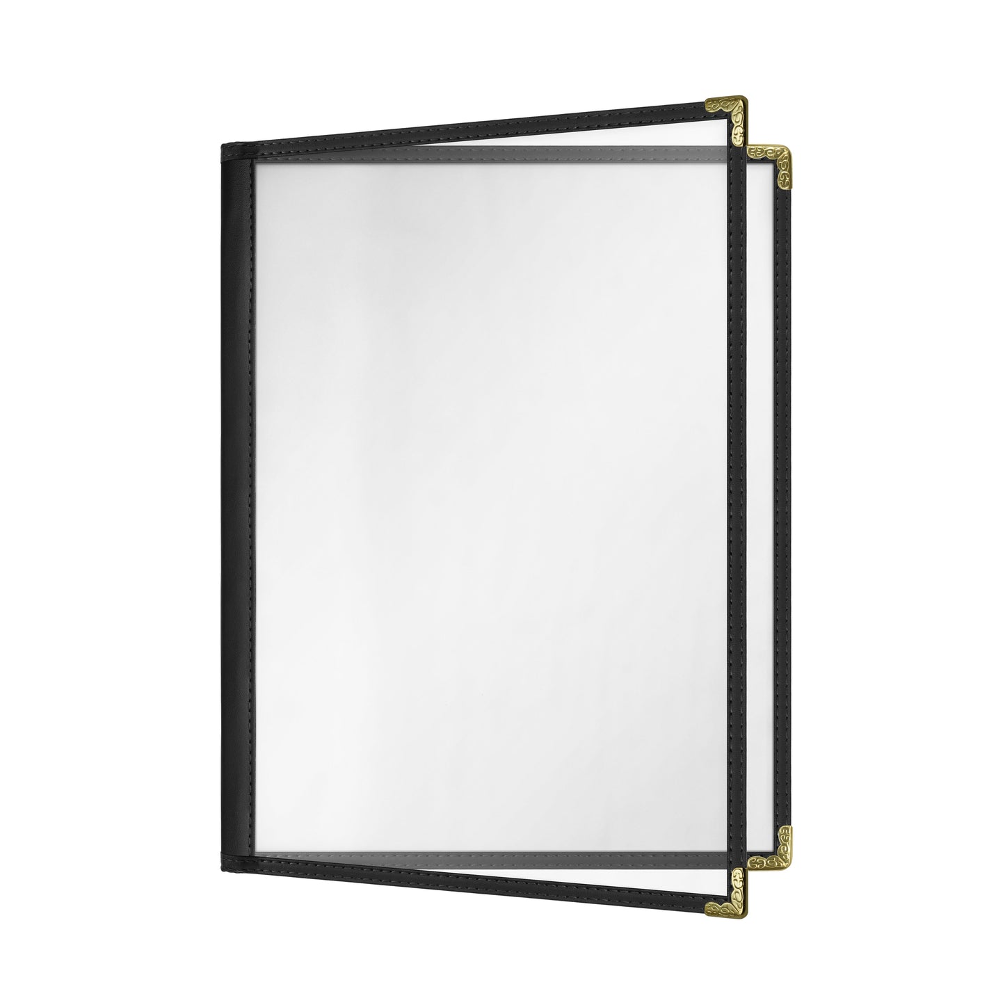Café Style Menu Cover, 4 View,8.5" x 11",Black, Elegant black cover on a fine dining restaurant table
