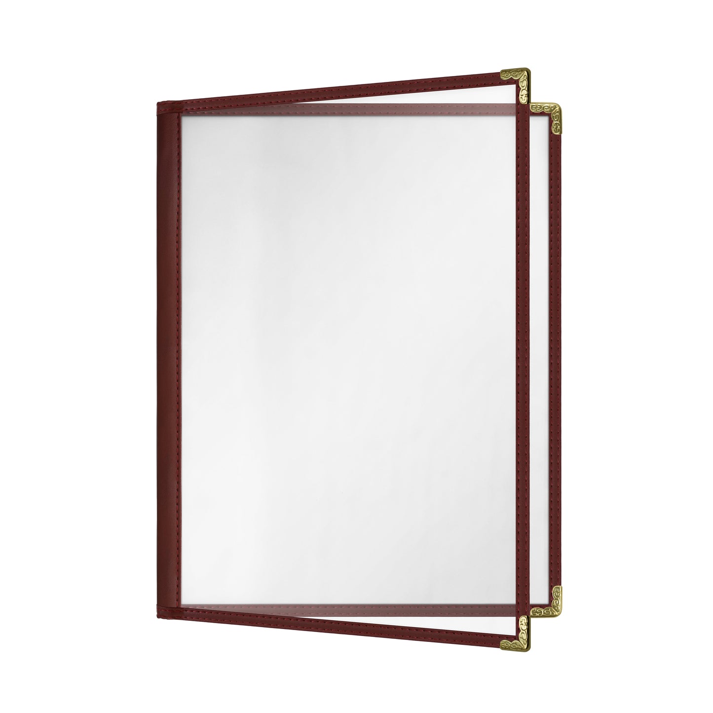 Café Style Menu Cover, 4 View,8.5" x 11",Burgundy, Elegant black cover on a fine dining restaurant table