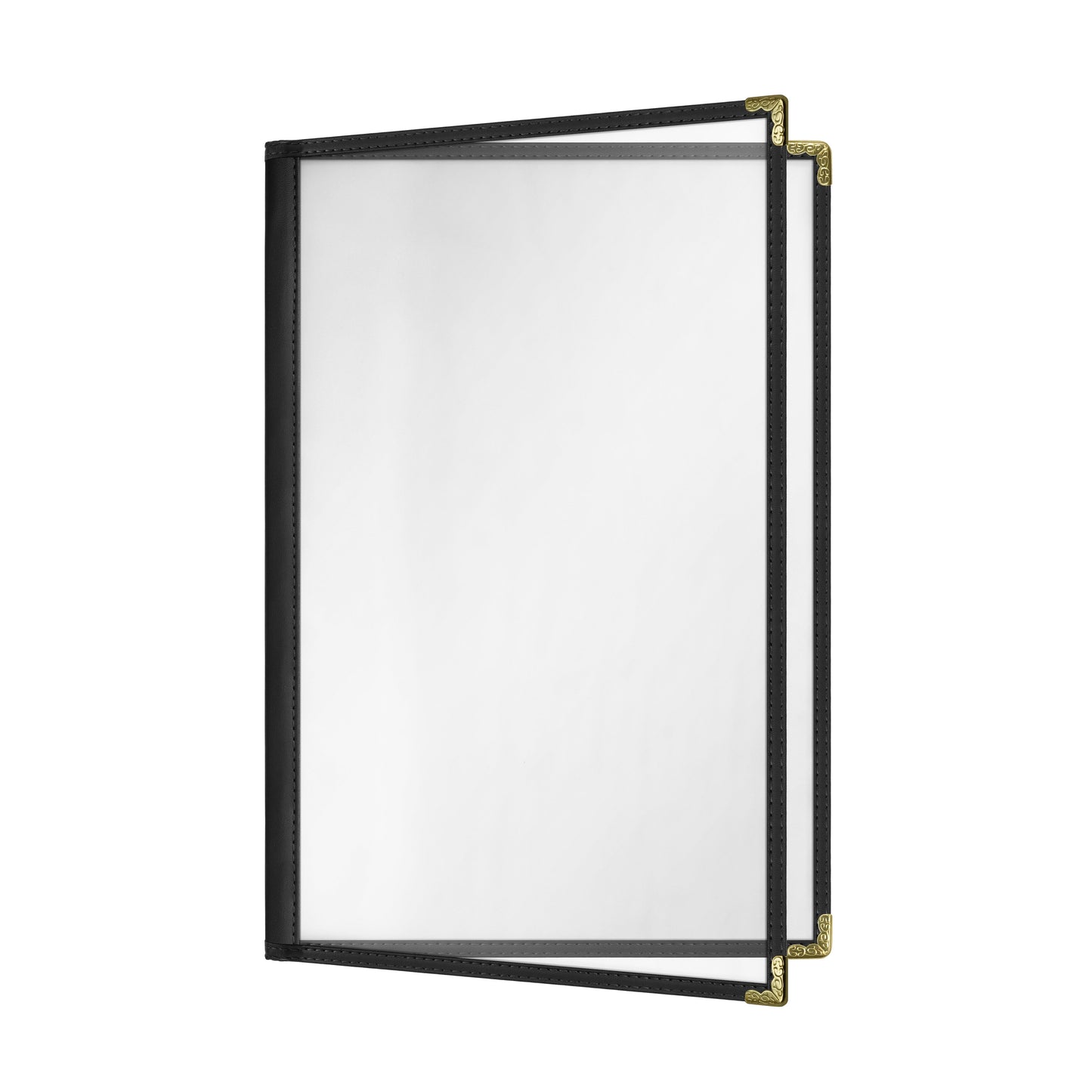 Café Style Menu Cover, 4 View,8.5" x 14",Black, Elegant black cover on a fine dining restaurant table