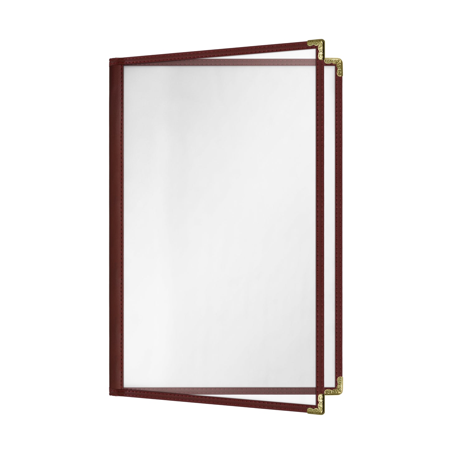 Café Style Menu Cover, 4 View,8.5" x 14",Burgundy, Elegant black cover on a fine dining restaurant table