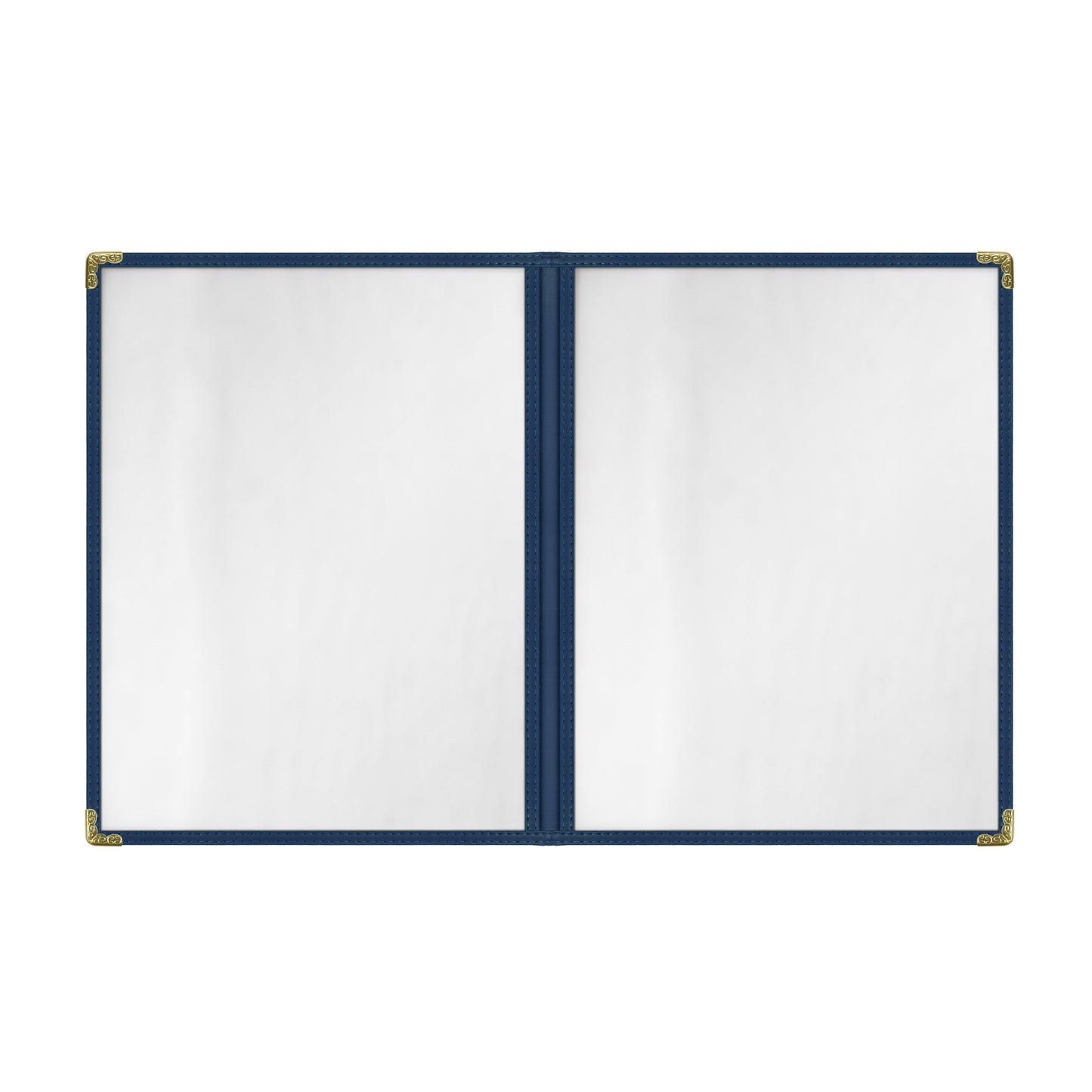 Café Style Menu Cover, 4 View,8.5" x 11",Blue, Elegant black cover on a fine dining restaurant table