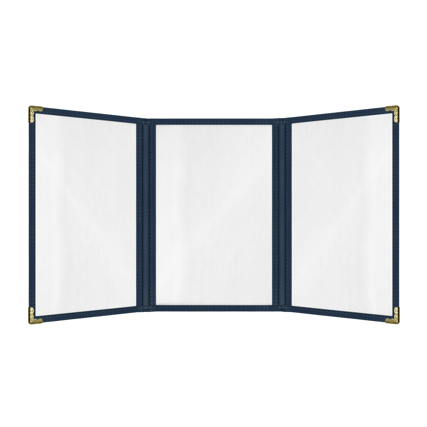 Café Style Menu Cover, 6 View Trifold,5.5" x 8.5",Blue, Elegant black cover on a fine dining restaurant table