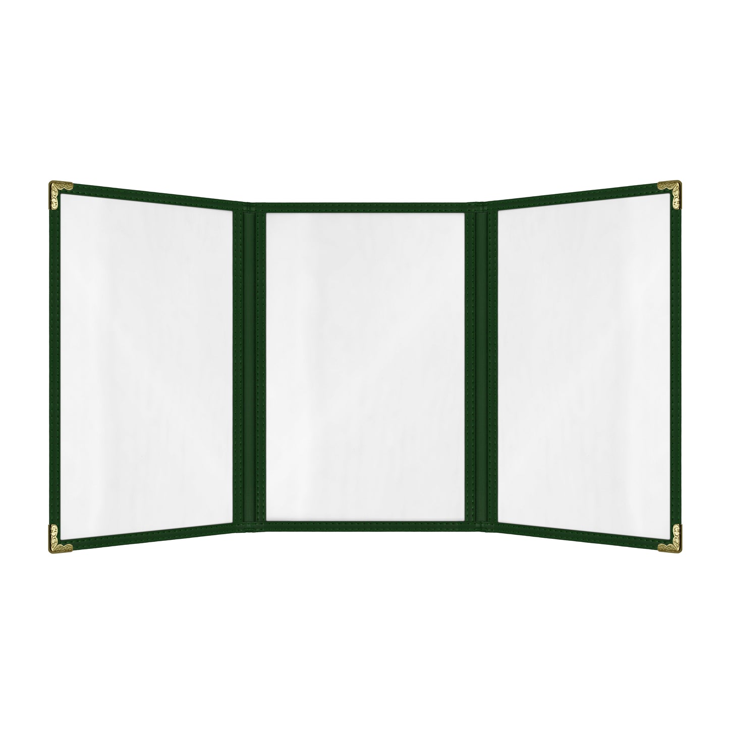 Café Style Menu Cover, 6 View Trifold,5.5" x 8.5",Green, Elegant black cover on a fine dining restaurant table