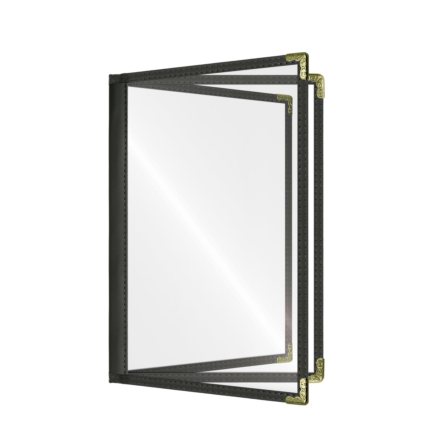Café Style Menu Cover, 6 View Booklet,5.5" x 8.5",Black, Elegant black cover on a fine dining restaurant table