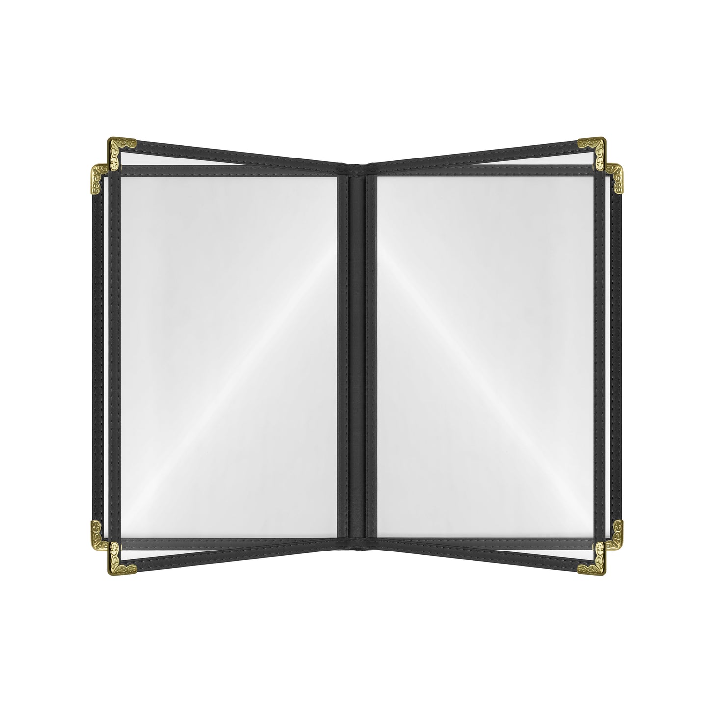 Café Style Menu Cover, 8 View,8.5" x 11",Black, Elegant black cover on a fine dining restaurant table