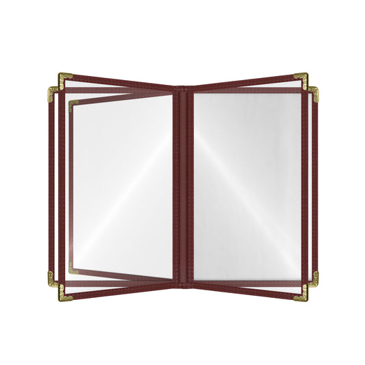 Café Style Menu Cover, 10 View,8.5" x 11",Burgundy, Elegant black cover on a fine dining restaurant table