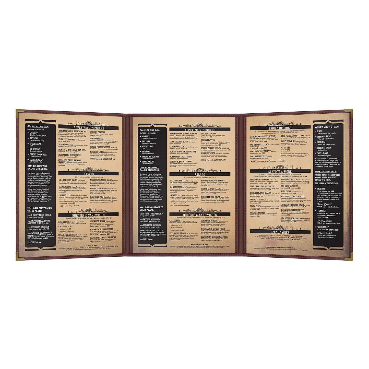 Pajco Menu Cover, Triple Pocket Fold-Out (3 View), 8.5" x 11", BurgundyElegant cover on a fine dining restaurant table
