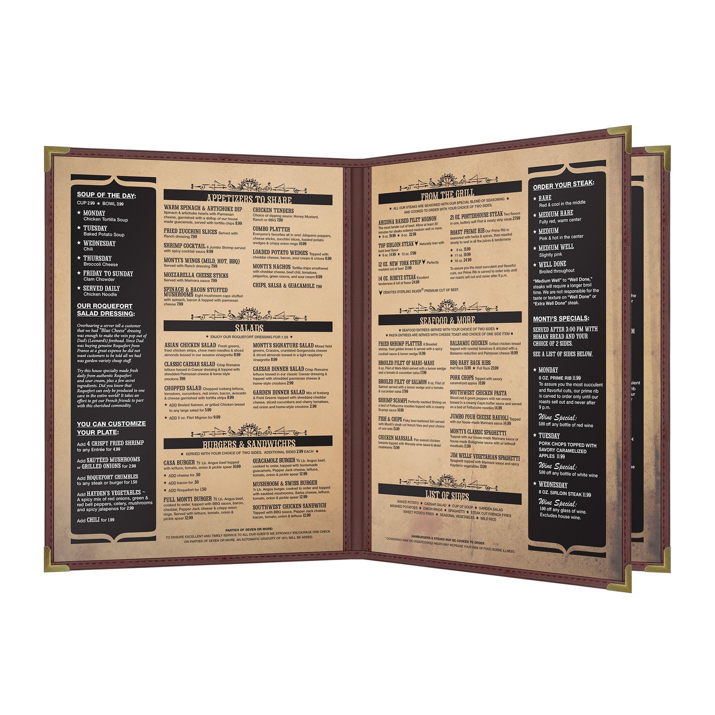 Pajco Menu Cover, Triple Pocket Booklet (4 View), 8.5" x 11", BurgundyElegant cover on a fine dining restaurant table