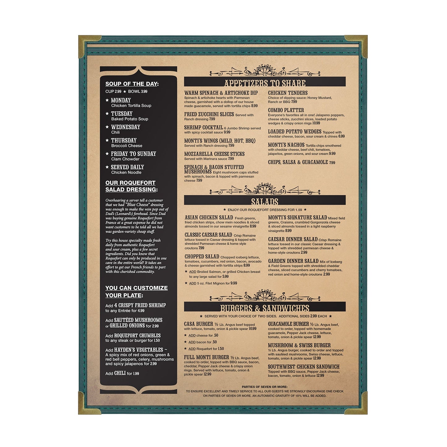 Pajco Menu Cover, Single Pocket (1 View), 8.5" x 11", GreenElegant cover on a fine dining restaurant table