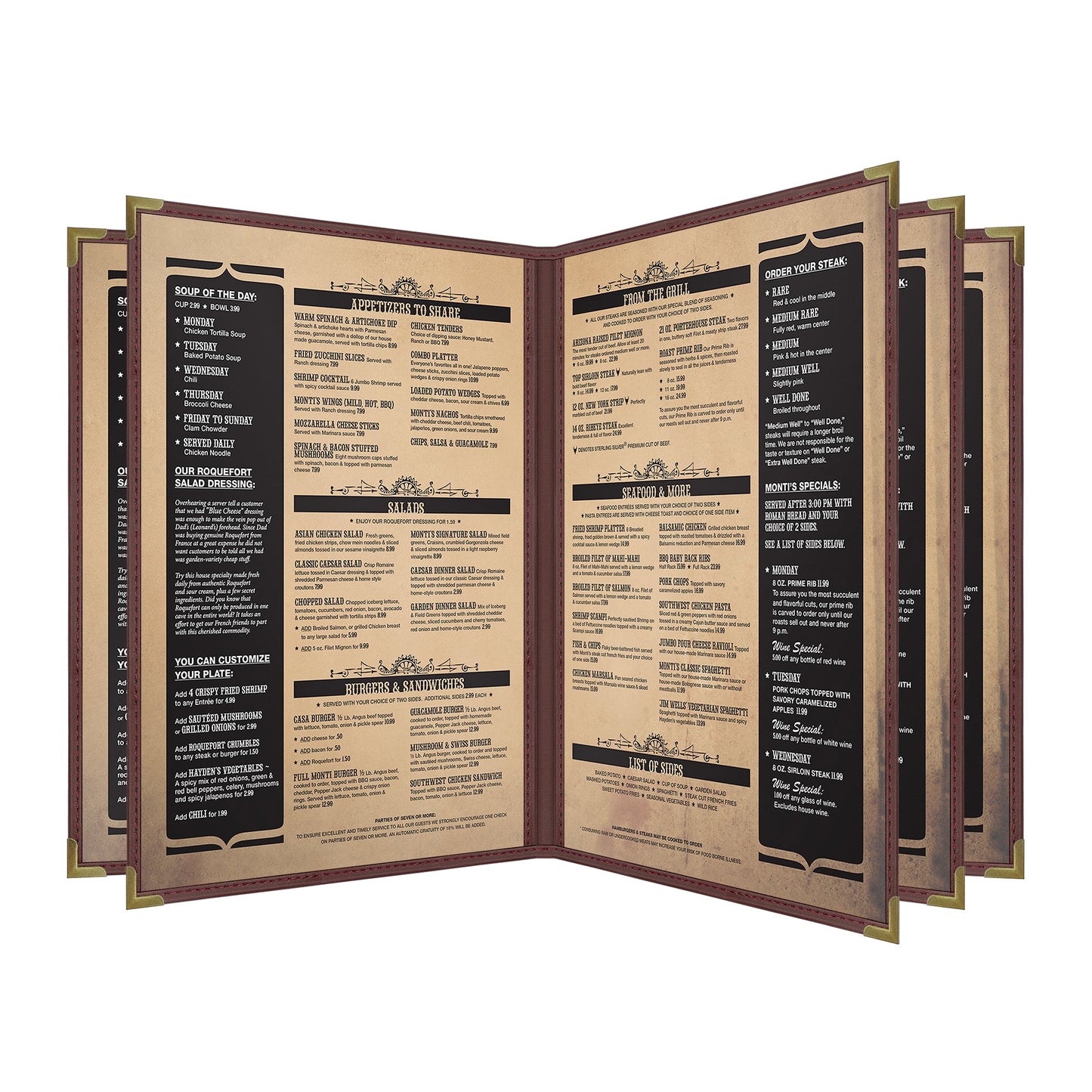 Pajco Menu Cover, Five Pocket Booklet (8 View), 8.5" x 11", BurgundyElegant cover on a fine dining restaurant table