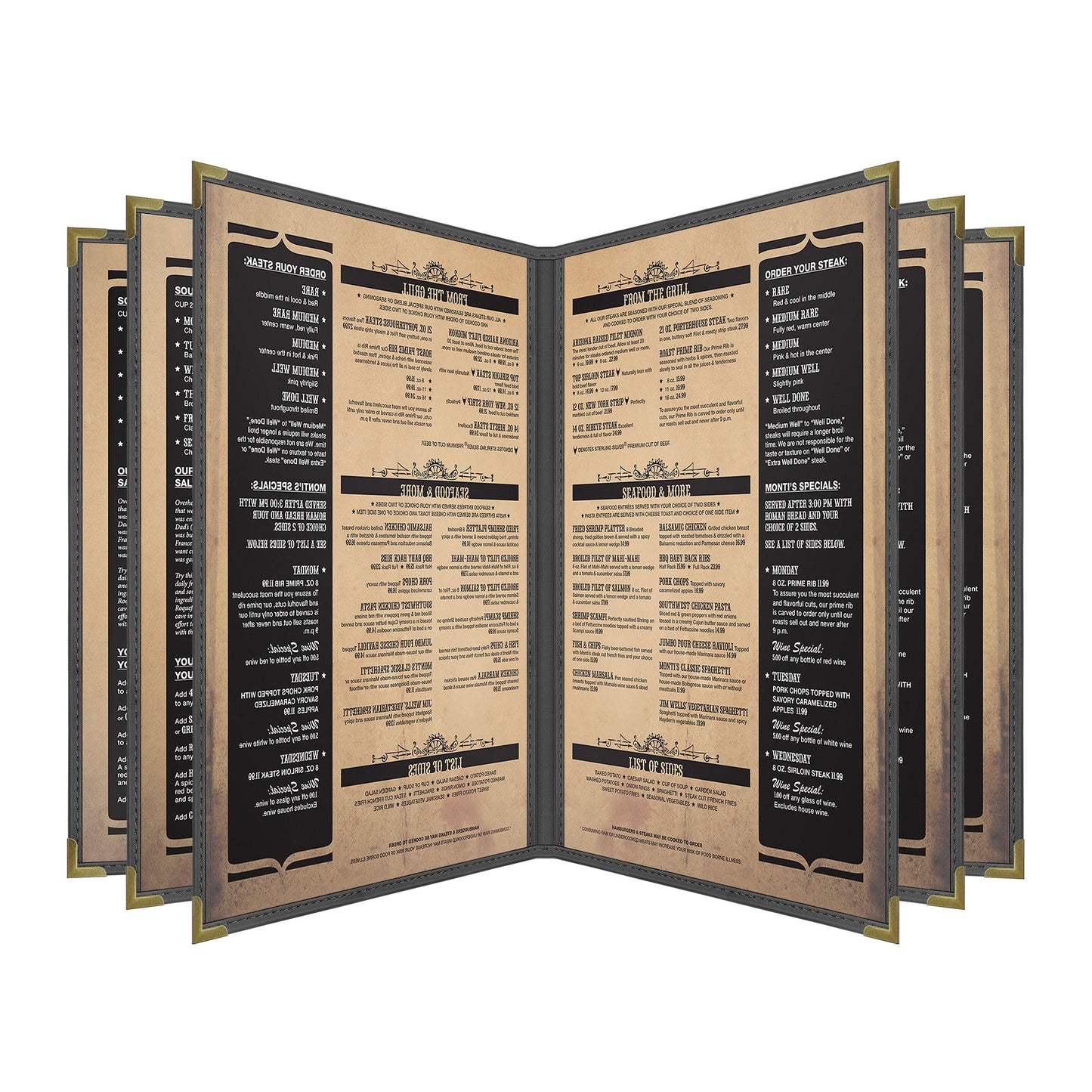 Pajco Menu Cover, Six Pocket Booklet (10 View), 8.5" x 11", BlackElegant cover on a fine dining restaurant table