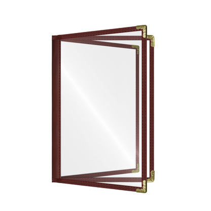 Café Style Menu Cover, 6 View Booklet,8.5" x 11",Burgundy, Elegant black cover on a fine dining restaurant table