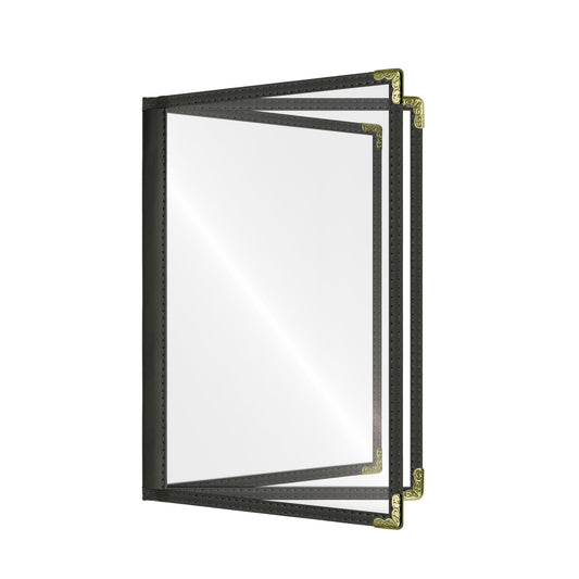 Café Style Menu Cover, 6 View Booklet,5.5" x 8.5",Black, Elegant black cover on a fine dining restaurant table