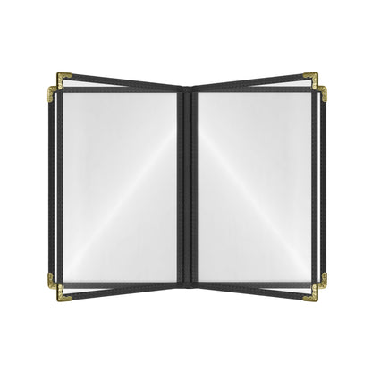 Café Style Menu Cover, 8 View,8.5" x 11",Black, Elegant black cover on a fine dining restaurant table