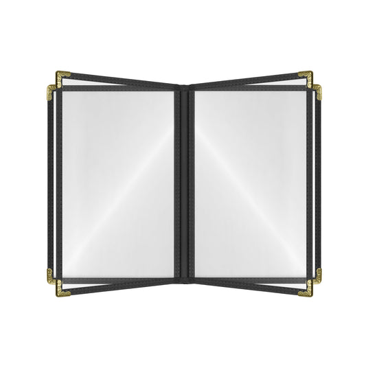 Café Style Menu Cover, 8 View,8.5" x 11",Black, Elegant black cover on a fine dining restaurant table