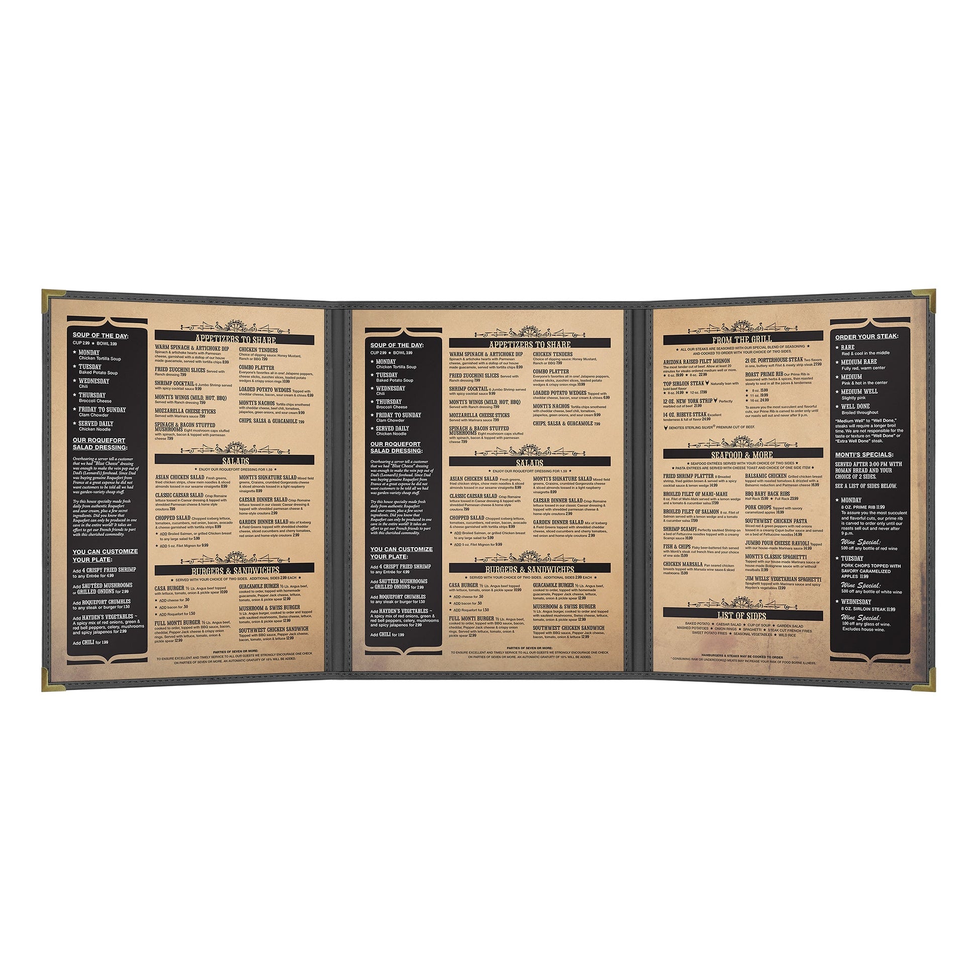 Pajco Menu Cover, Triple Pocket Fold-Out (3 View), 8.5" x 14", BlackElegant cover on a fine dining restaurant table