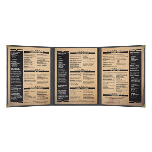 Pajco Menu Cover, Triple Pocket Fold-Out (3 View), 8.5" x 14", BlackElegant cover on a fine dining restaurant table