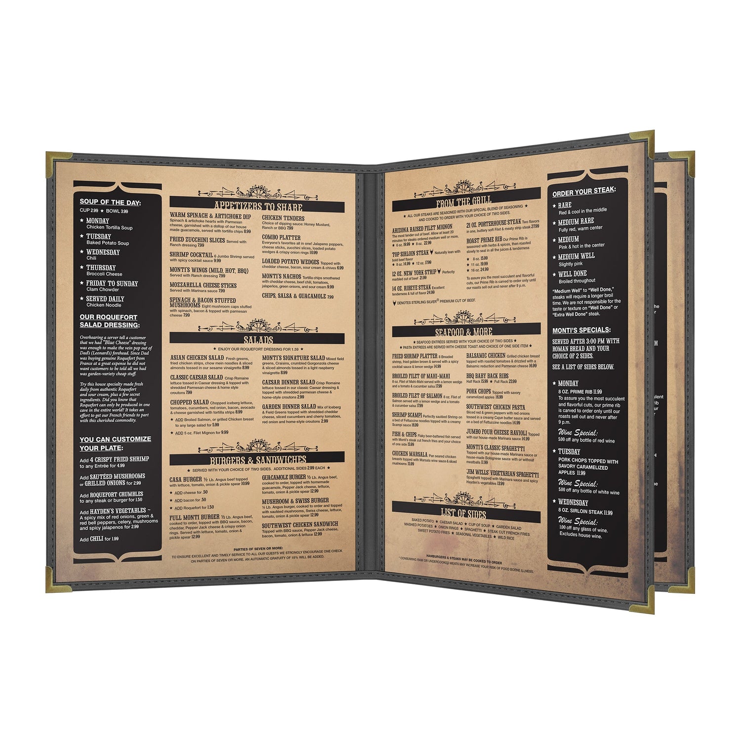 Pajco Menu Cover, Triple Pocket Booklet (4 View), 8.5" x 11", BlackElegant cover on a fine dining restaurant table