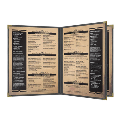 Pajco Menu Cover, Triple Pocket Booklet (4 View), 8.5" x 11", BlackElegant cover on a fine dining restaurant table