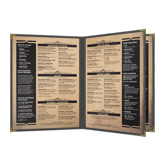 Pajco Menu Cover, Triple Pocket Booklet (4 View), 8.5" x 11", BlackElegant cover on a fine dining restaurant table