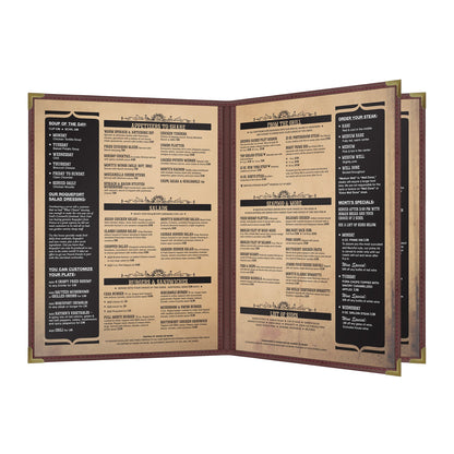 Pajco Menu Cover, Triple Pocket Booklet (4 View), 8.5" x 11", BurgundyElegant cover on a fine dining restaurant table