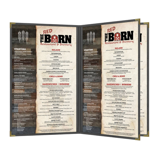 Pajco Menu Cover, Triple Pocket Booklet (4 View), 8.5" x 14", BlackElegant cover on a fine dining restaurant table