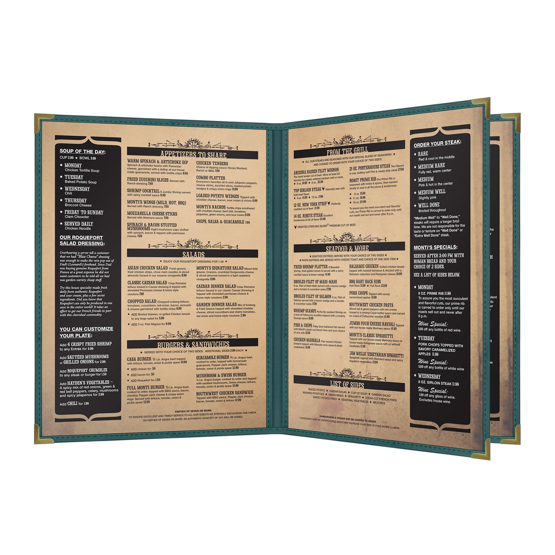 Pajco Menu Cover, Triple Pocket Booklet (4 View), 8.5" x 11", GreenElegant cover on a fine dining restaurant table