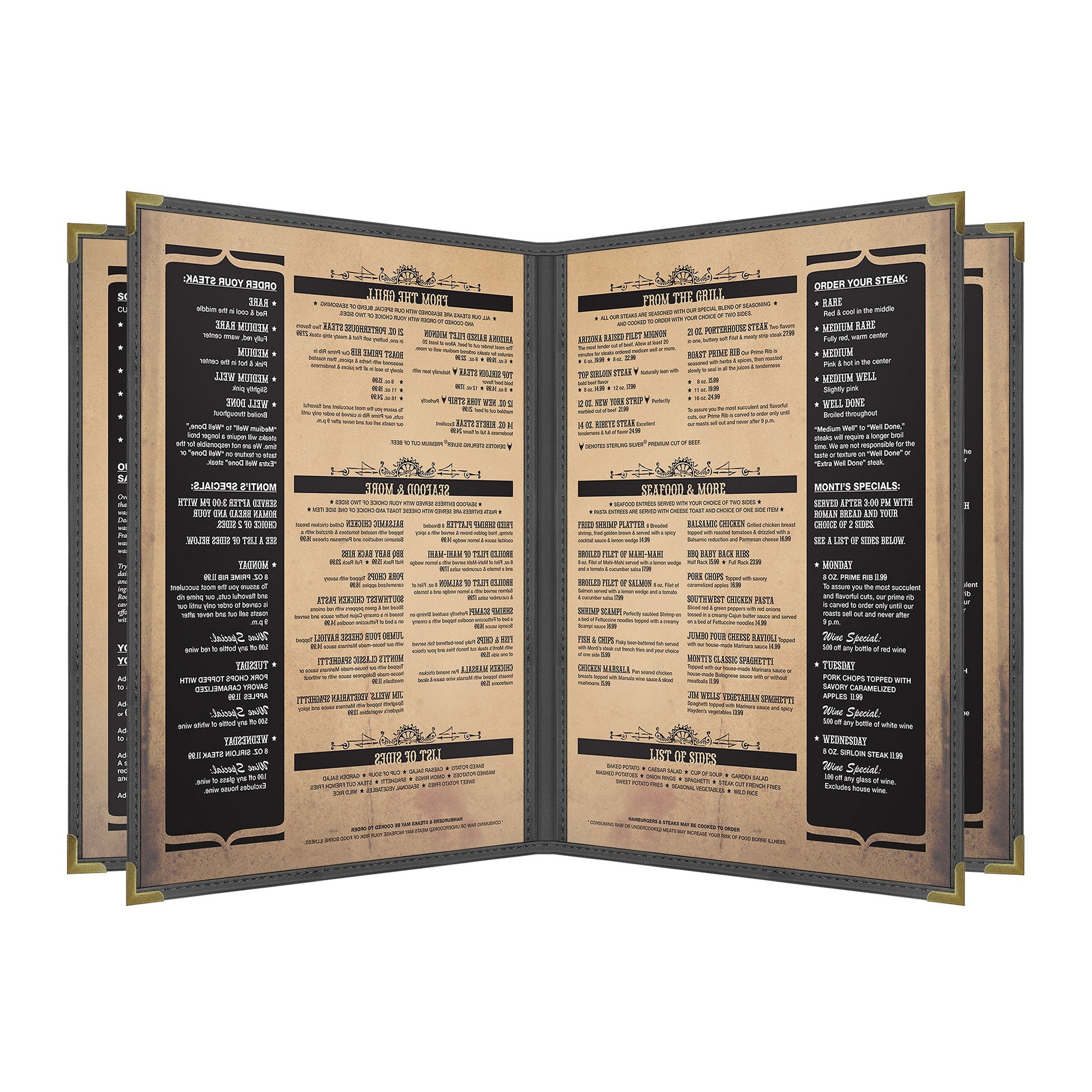 Pajco Menu Cover, Quad Pocket Booklet (6 View), 8.5" x 11", BlackElegant cover on a fine dining restaurant table