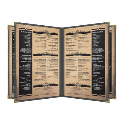Pajco Menu Cover, Quad Pocket Booklet (6 View), 8.5" x 11", BlackElegant cover on a fine dining restaurant table