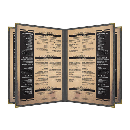 Pajco Menu Cover, Quad Pocket Booklet (6 View), 8.5" x 11", BlackElegant cover on a fine dining restaurant table