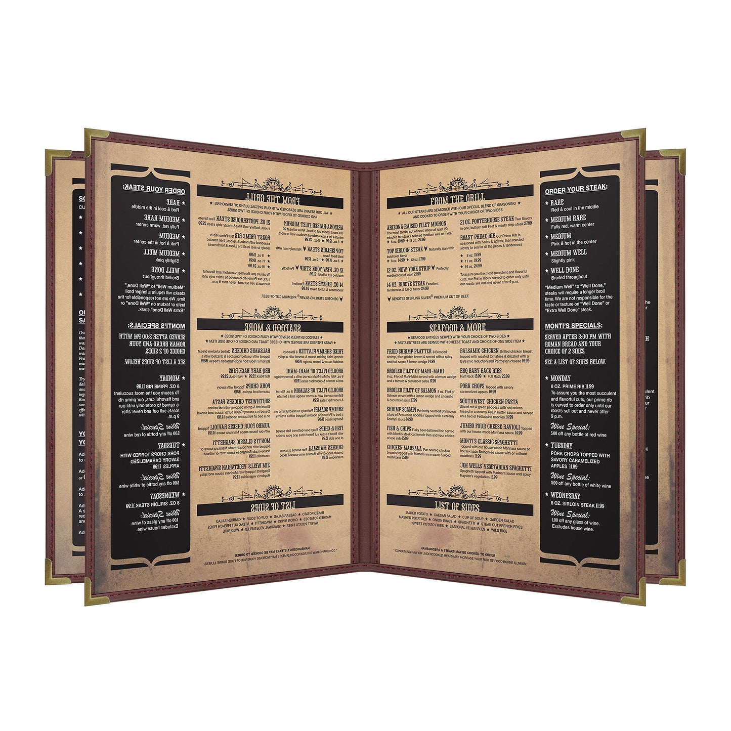 Pajco Menu Cover, Quad Pocket Booklet (6 View), 8.5" x 11", BurgundyElegant cover on a fine dining restaurant table