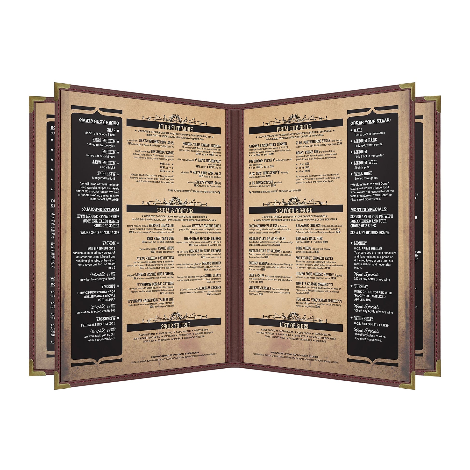 Pajco Menu Cover, Quad Pocket Booklet (6 View), 8.5" x 11", BurgundyElegant cover on a fine dining restaurant table