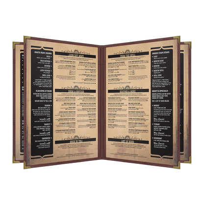 Pajco Menu Cover, Quad Pocket Booklet (6 View), 8.5" x 11", BurgundyElegant cover on a fine dining restaurant table