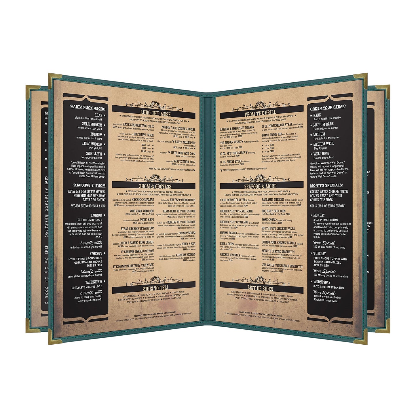 Pajco Menu Cover, Quad Pocket Booklet (6 View), 8.5" x 11", GreenElegant cover on a fine dining restaurant table