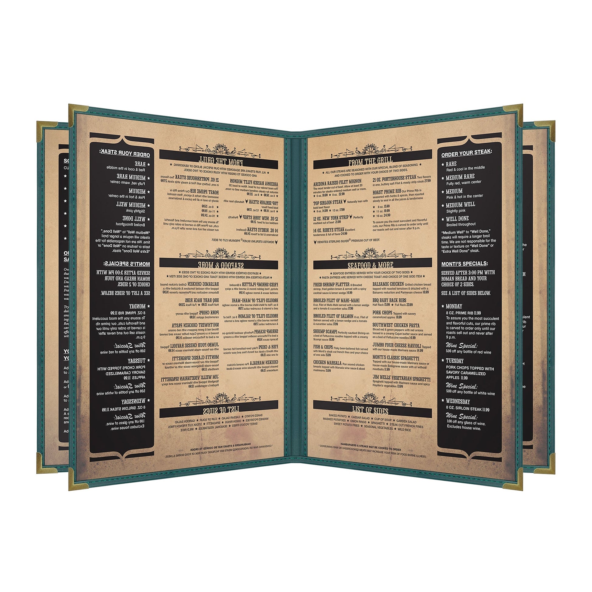 Pajco Menu Cover, Quad Pocket Booklet (6 View), 8.5" x 11", GreenElegant cover on a fine dining restaurant table