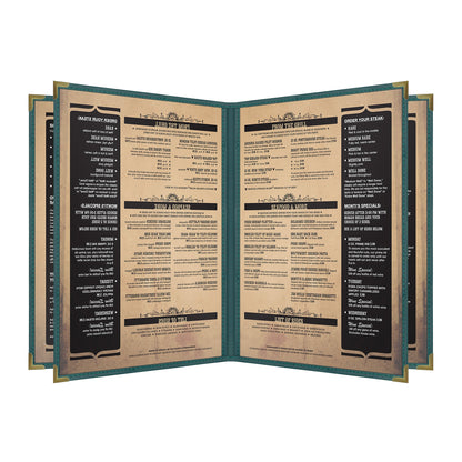 Pajco Menu Cover, Quad Pocket Booklet (6 View), 8.5" x 11", GreenElegant cover on a fine dining restaurant table