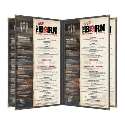 Pajco Menu Cover, Quad Pocket Booklet (6 View), 8.5" x 14", BlackElegant cover on a fine dining restaurant table