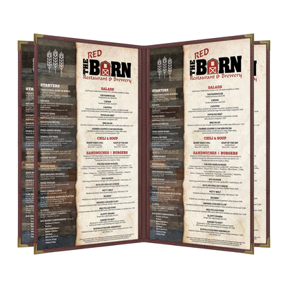 Pajco Menu Cover, Quad Pocket Booklet (6 View), 8.5" x 14", BurgundyElegant cover on a fine dining restaurant table