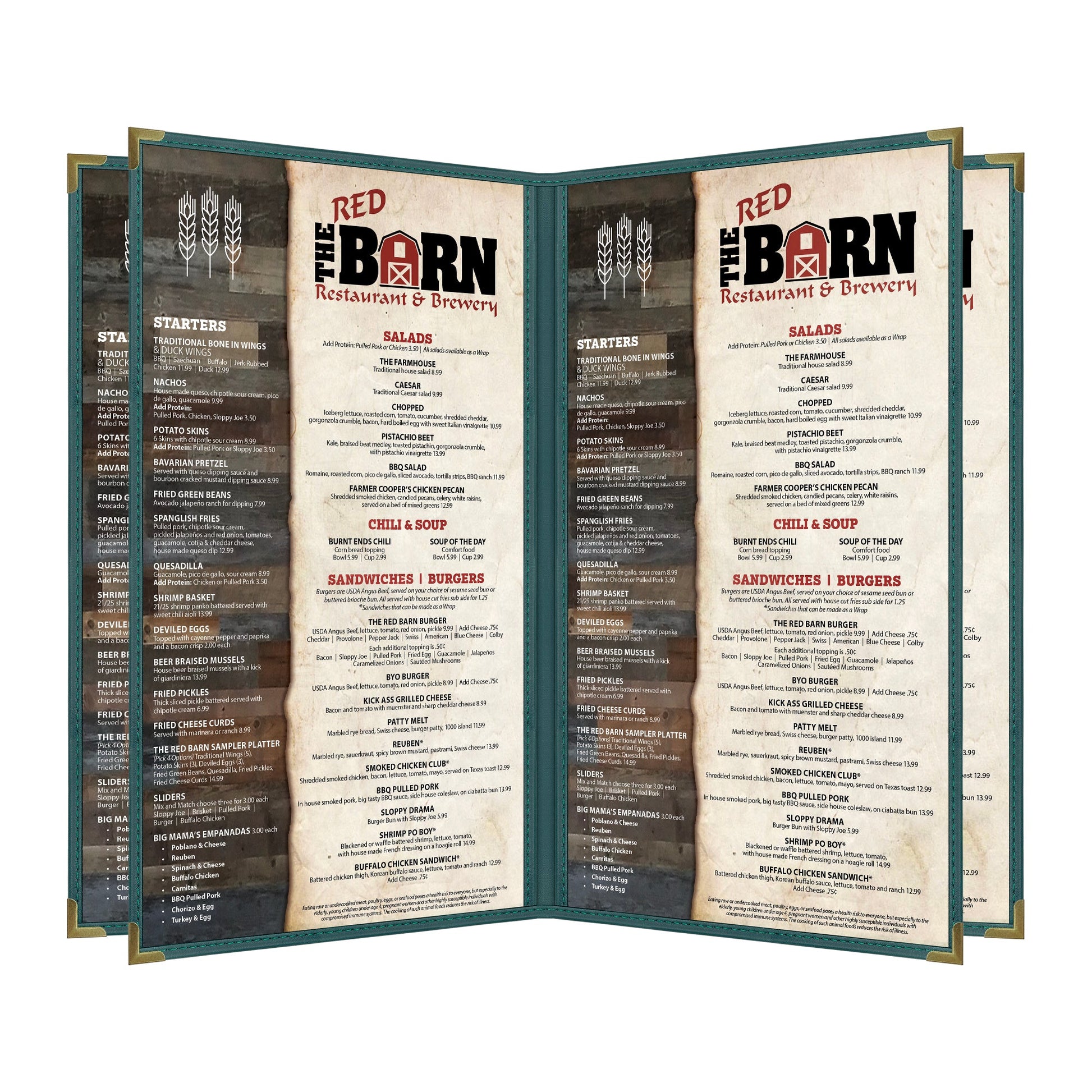 Pajco Menu Cover, Quad Pocket Booklet (6 View), 8.5" x 14", GreenElegant cover on a fine dining restaurant table