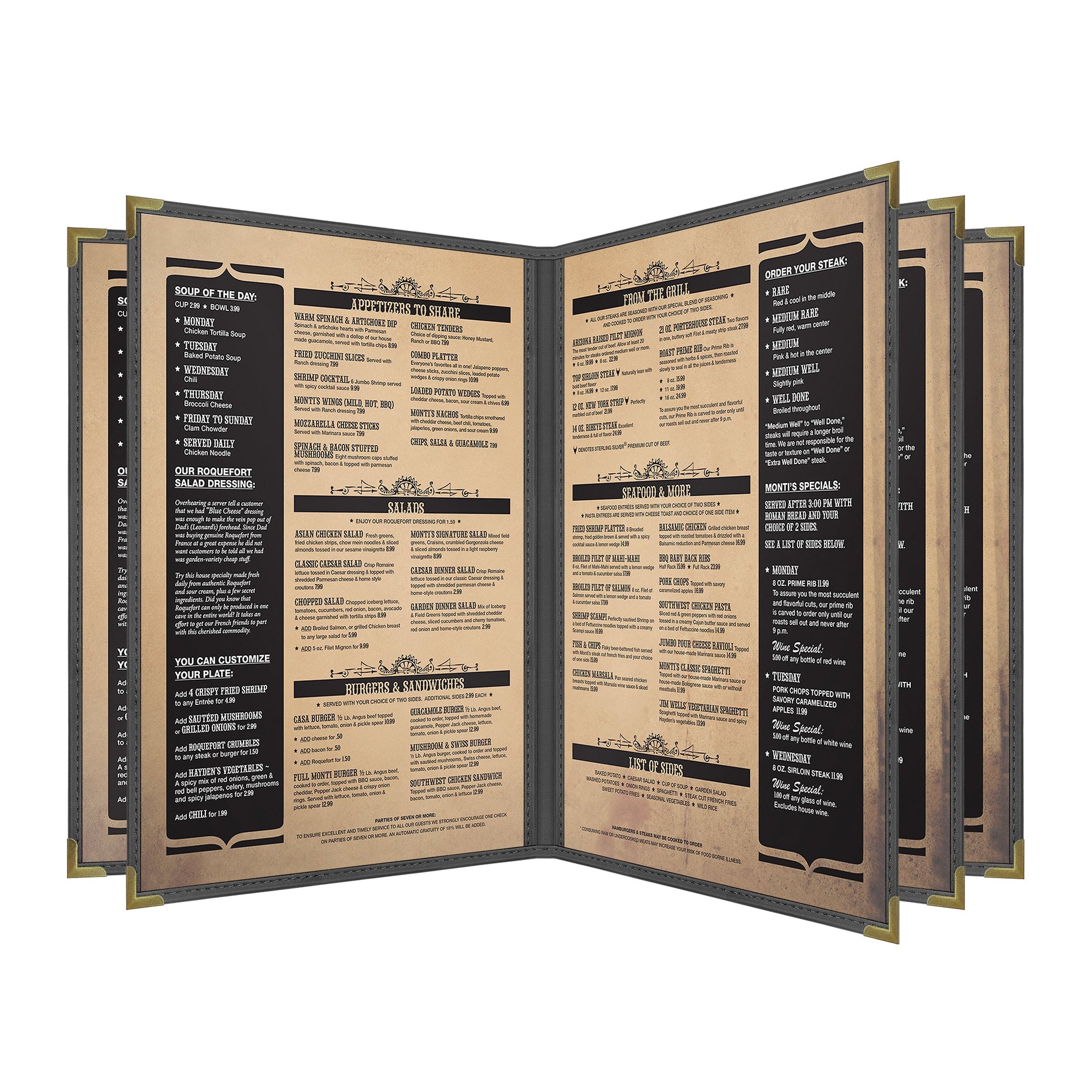 Pajco Menu Cover, Five Pocket Booklet (8 View), 8.5" x 11", BlackElegant cover on a fine dining restaurant table