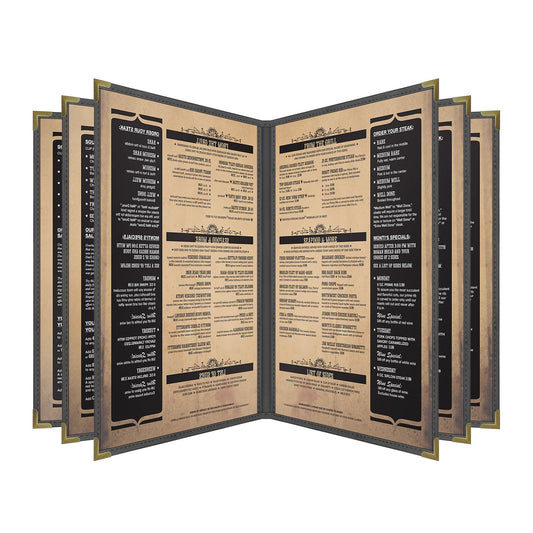 Pajco Menu Cover, Six Pocket Booklet (10 View), 8.5" x 11", BlackElegant cover on a fine dining restaurant table