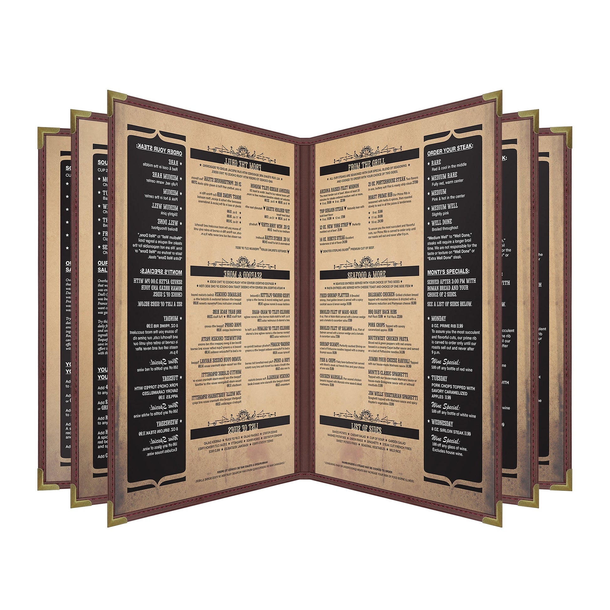 Pajco Menu Cover, Six Pocket Booklet (10 View), 8.5" x 11", BurgundyElegant cover on a fine dining restaurant table