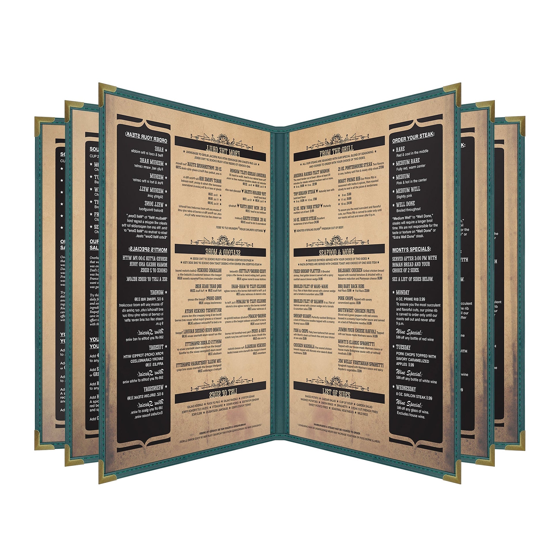 Pajco Menu Cover, Six Pocket Booklet (10 View), 8.5" x 11", GreenElegant cover on a fine dining restaurant table